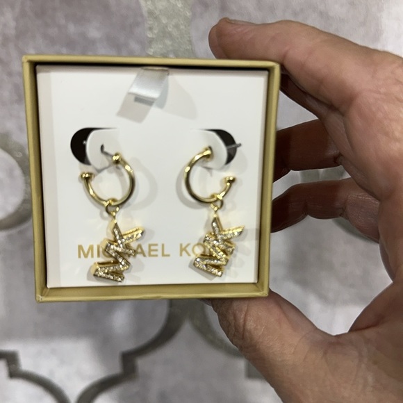MICHAEL KORS MK Logo Yellow Gold Brass Drop Earrings Crystals MKJ8008710 +MK BOX - Picture 4 of 5